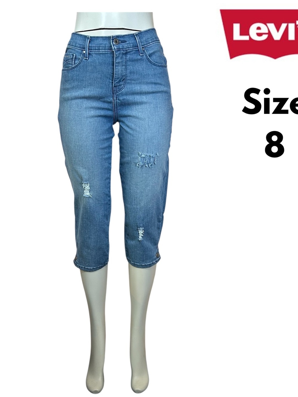 Levi’s Womens Capris Jeans Sz 8 Medium Blue Ripped Design  Mid Rise stretch #188